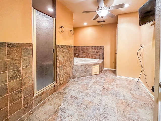 full bathroom with a stall shower, visible vents, ceiling fan, and a bath