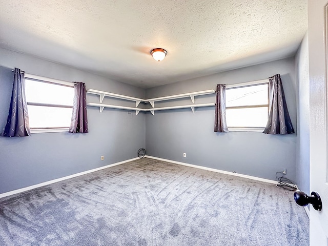 empty room featuring carpet, baseboards, and a textured ceiling