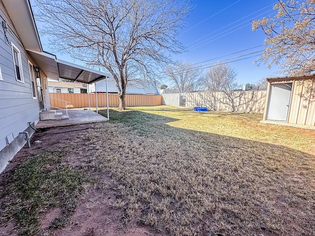 view of yard with a storage unit, a patio area, a fenced backyard, and an outdoor structure