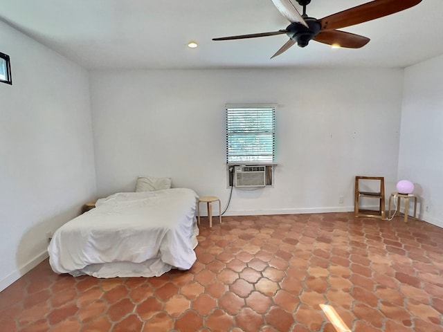 bedroom with ceiling fan and cooling unit