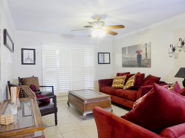 living area featuring ceiling fan, visible vents, crown molding, and light tile patterned floors