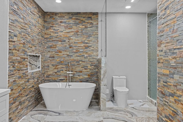 bathroom with toilet, a textured ceiling, and plus walk in shower