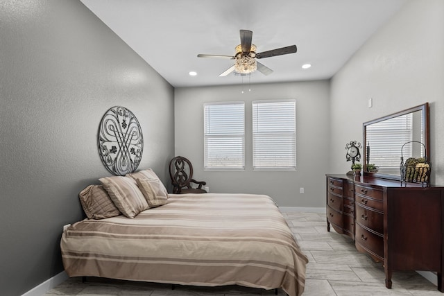 bedroom featuring recessed lighting, ceiling fan, and baseboards