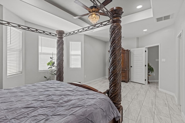 bedroom with marble finish floor, recessed lighting, visible vents, and baseboards