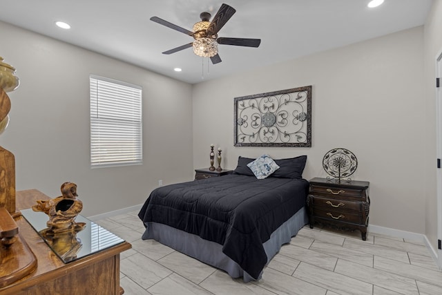 bedroom with a ceiling fan, recessed lighting, and baseboards