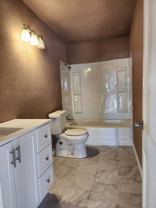 full bathroom with shower / tub combination, vanity, a textured ceiling, and toilet