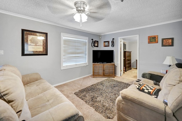 living room featuring crown molding, ceiling fan, light carpet, and a textured ceiling