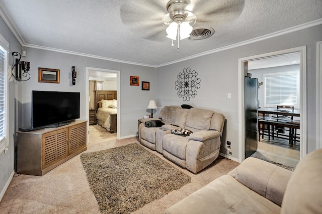 carpeted living room featuring ceiling fan, ornamental molding, and a textured ceiling