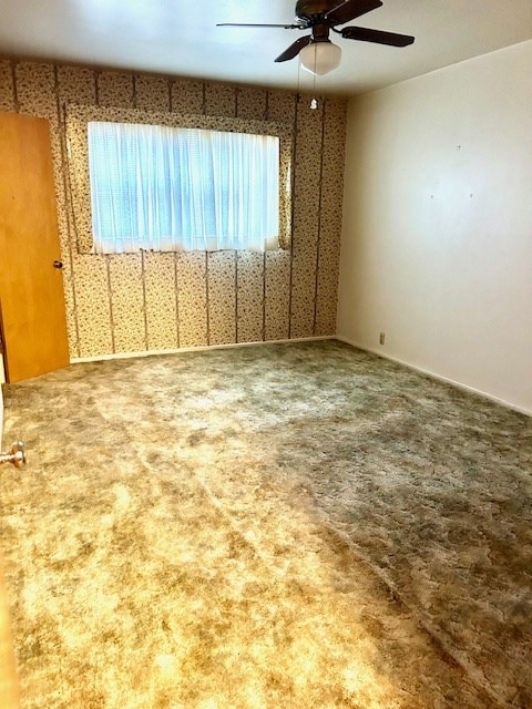 unfurnished room featuring carpet flooring and ceiling fan