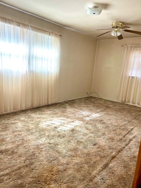 carpeted spare room with ceiling fan