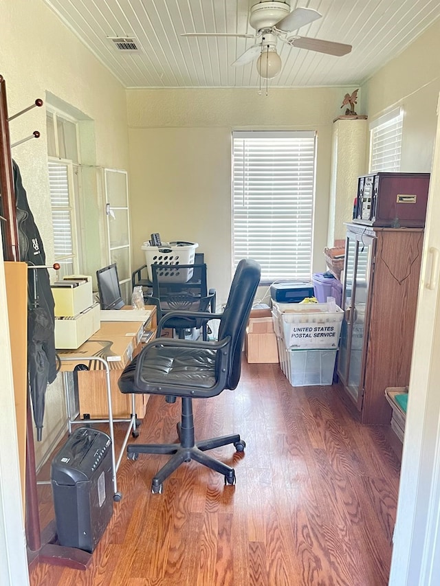 office area featuring ceiling fan, plenty of natural light, wood ceiling, and hardwood / wood-style flooring