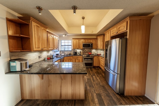 kitchen featuring stainless steel appliances, a raised ceiling, a peninsula, and backsplash