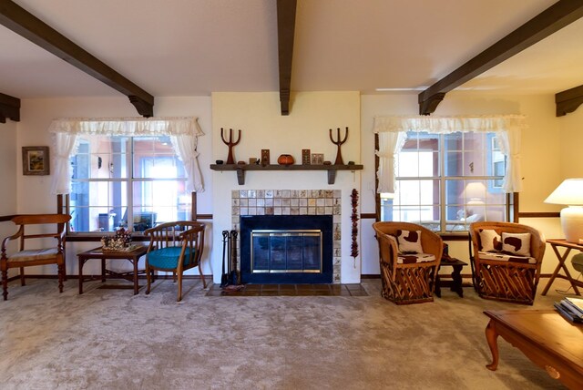 living room with beamed ceiling, a wealth of natural light, and a fireplace