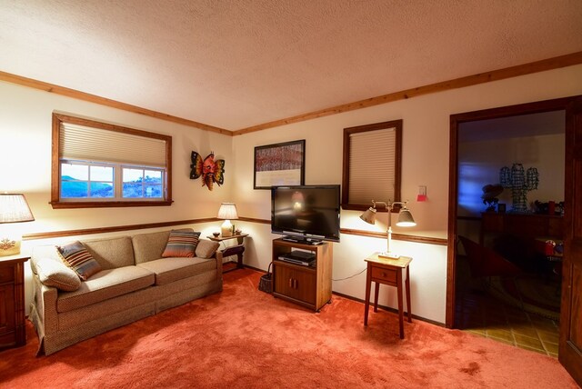 carpeted living room featuring a textured ceiling and crown molding