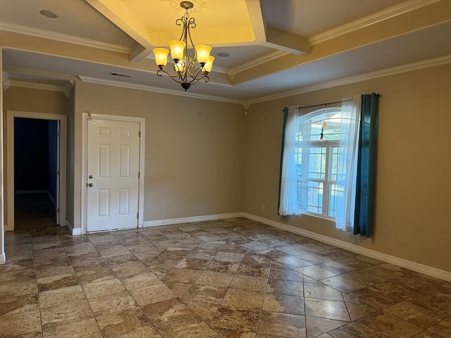 unfurnished room with beam ceiling, a chandelier, and ornamental molding