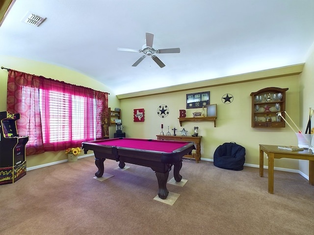 rec room featuring ceiling fan, pool table, vaulted ceiling, and carpet