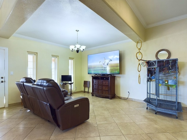 living room featuring an inviting chandelier, crown molding, and light tile patterned floors