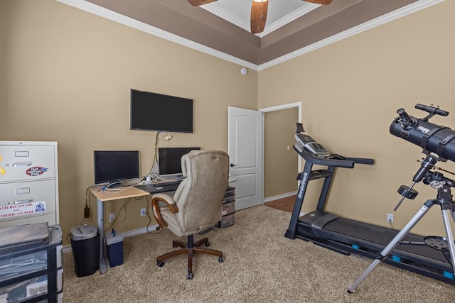 office space featuring a raised ceiling, crown molding, baseboards, and carpet floors