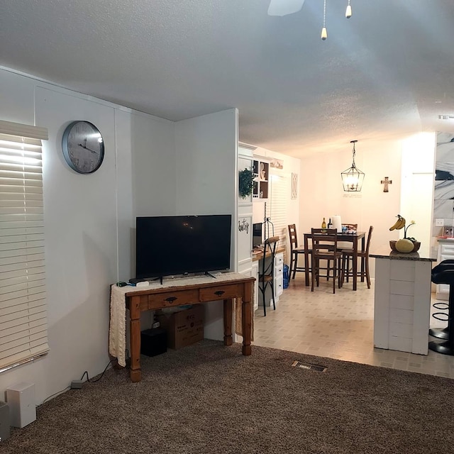 carpeted living room with a textured ceiling