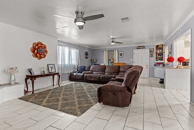 living area with a ceiling fan, visible vents, and crown molding