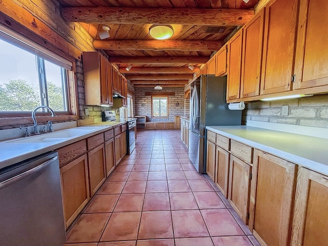 kitchen featuring light tile patterned floors, sink, plenty of natural light, stainless steel appliances, and wooden ceiling