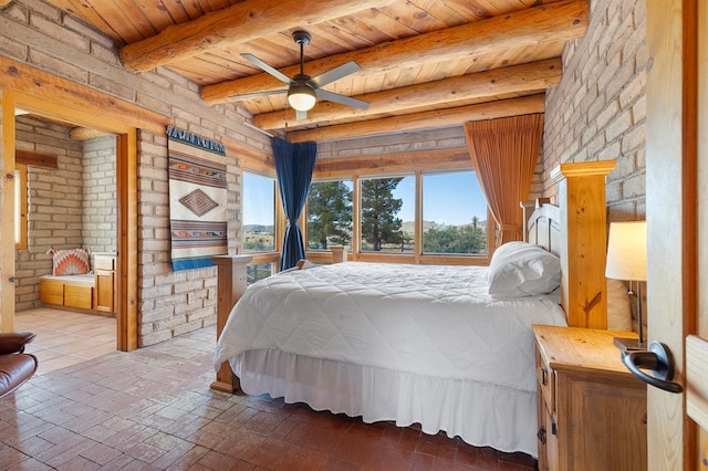 bedroom featuring ensuite bathroom, wooden ceiling, and beam ceiling