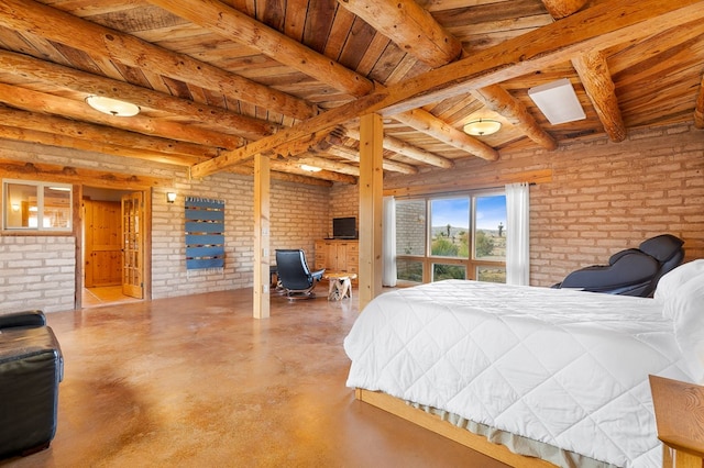 bedroom featuring beamed ceiling, brick wall, and wooden ceiling