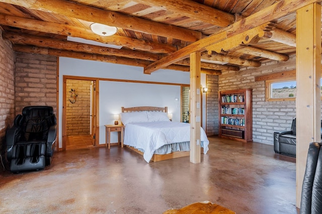 bedroom featuring wooden ceiling, concrete floors, beamed ceiling, and brick wall