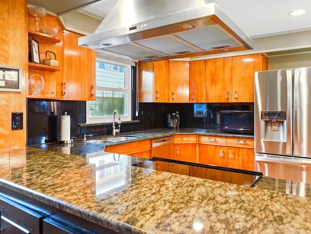 702/704 S Wilbur Ave, Sayre, PA 18840 - kitchen with stainless steel appliances, exhaust hood, a sink, stone counters, and recessed lighting