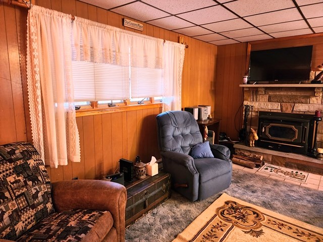 living area with wood walls and a drop ceiling