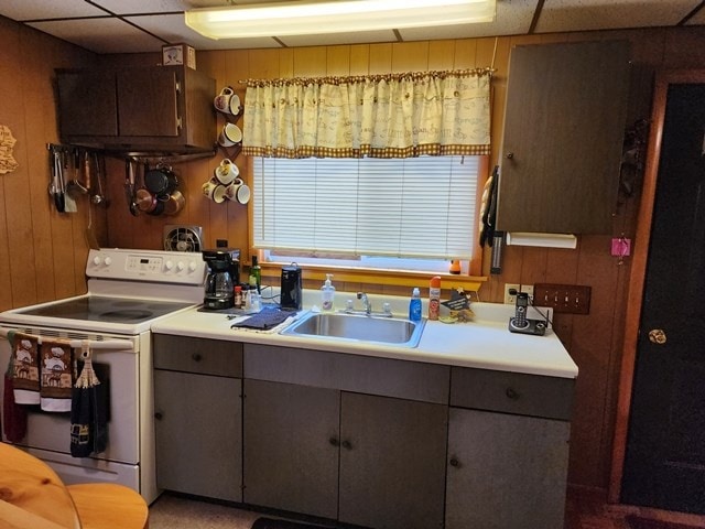 kitchen featuring white range with electric stovetop, a sink, gray cabinets, light countertops, and wood walls