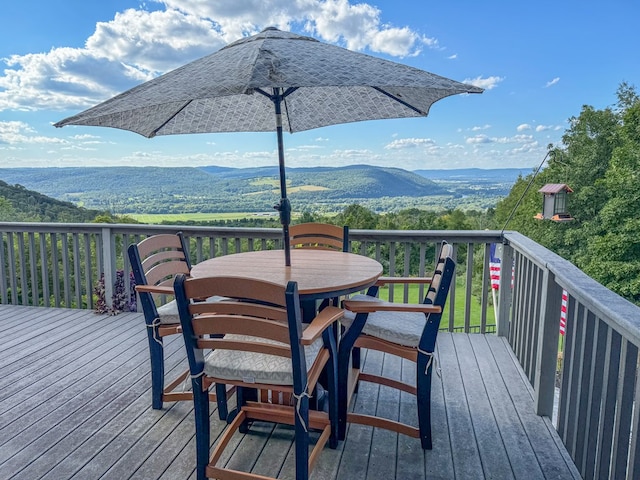 wooden deck with a mountain view