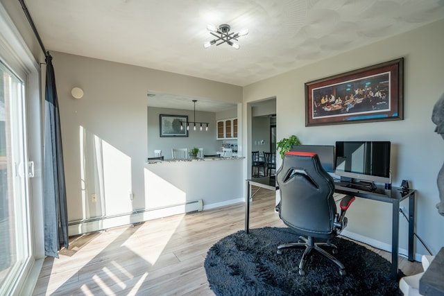 office space featuring light hardwood / wood-style floors and a notable chandelier