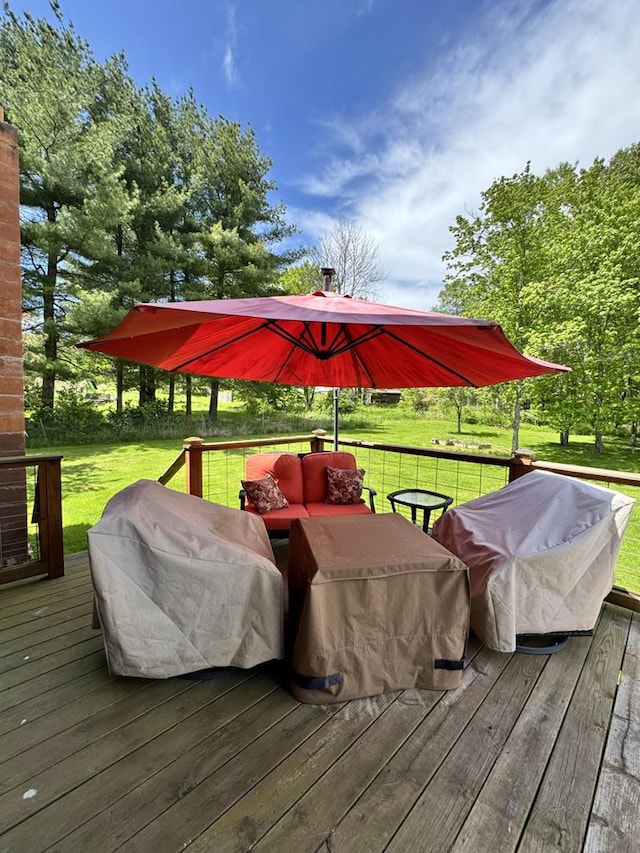 18 Memorial Dr, Duke Center, PA 16729 - wooden deck with outdoor lounge area and a yard