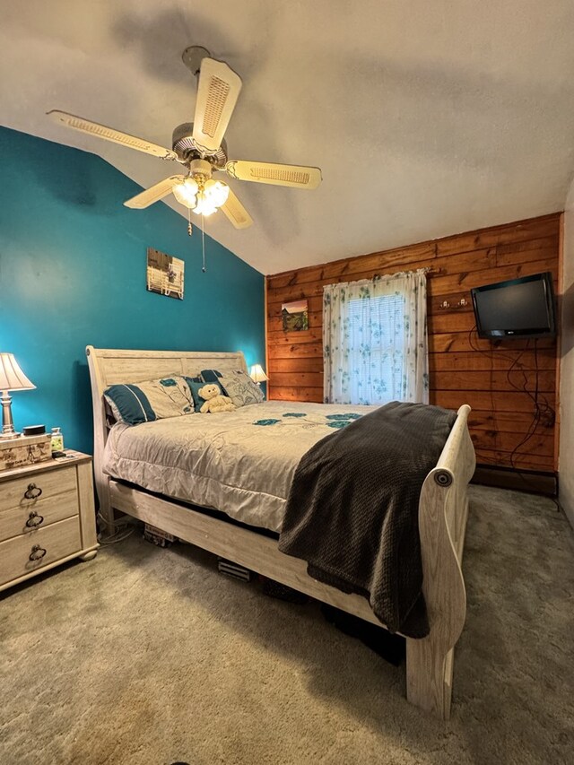 18 Memorial Dr, Duke Center, PA 16729 - bedroom featuring carpet, wooden walls, lofted ceiling, and ceiling fan