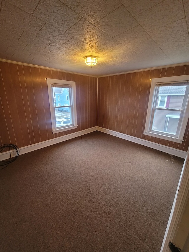 carpeted spare room featuring wood walls