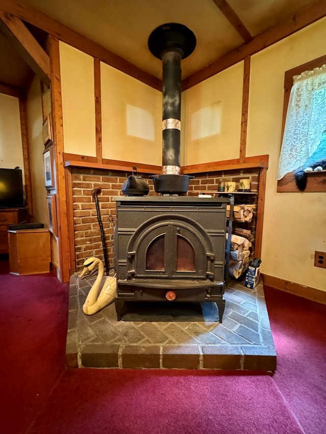 interior details featuring carpet and a wood stove