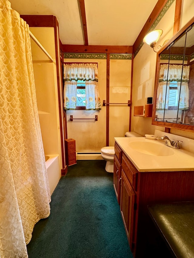 full bathroom featuring vanity, toilet, shower / bathtub combination with curtain, and baseboard heating