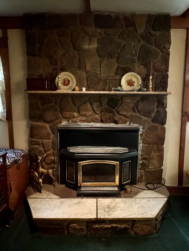 room details featuring a wood stove