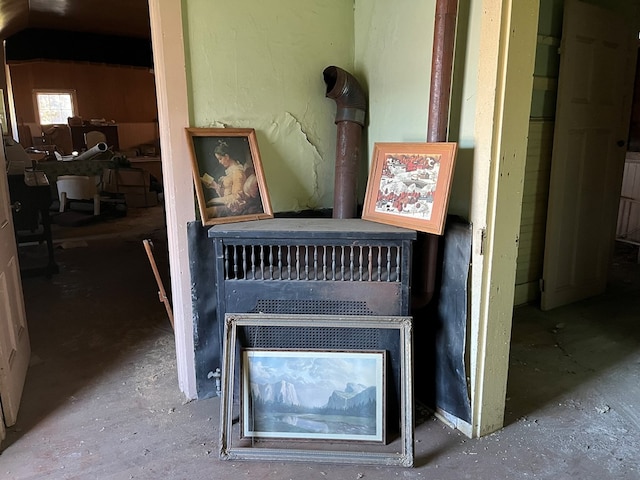 interior details featuring a wood stove