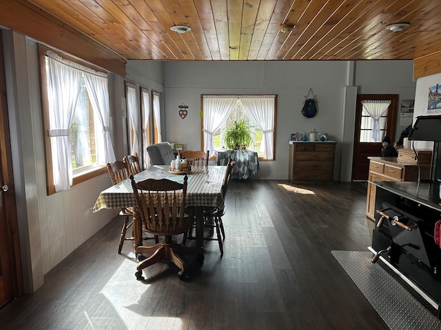 dining room with dark hardwood / wood-style flooring and wooden ceiling