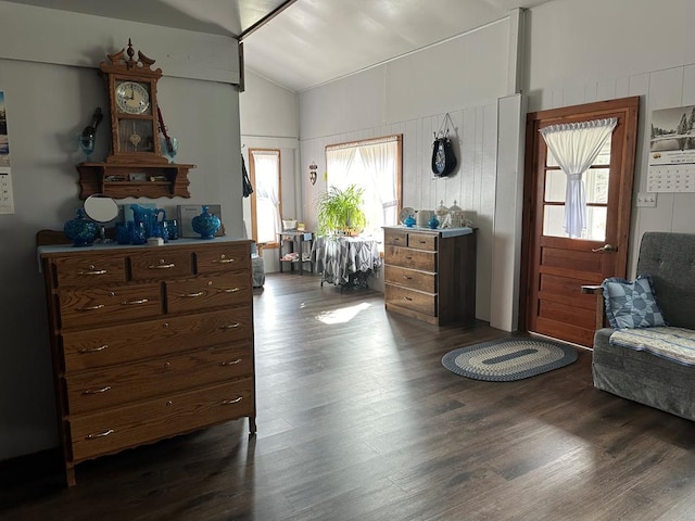 living area with plenty of natural light, dark hardwood / wood-style flooring, and lofted ceiling