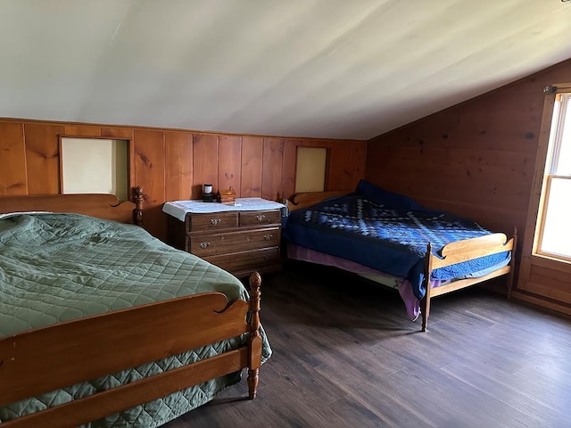 bedroom with lofted ceiling, multiple windows, and dark wood-type flooring