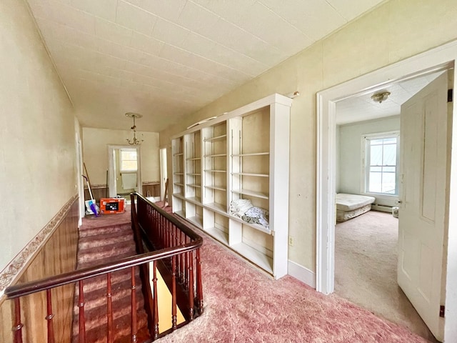 corridor with carpet flooring and wood walls