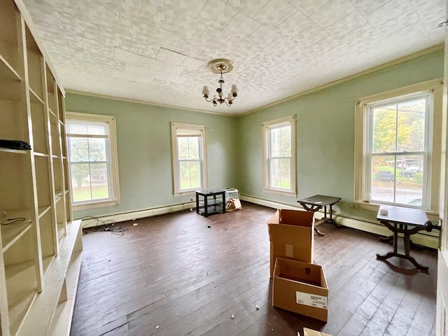 miscellaneous room with plenty of natural light, a chandelier, a baseboard radiator, and hardwood / wood-style flooring