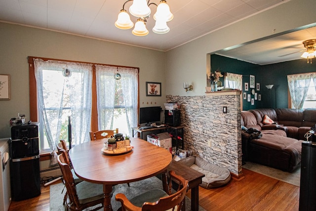 dining space featuring ceiling fan with notable chandelier, light hardwood / wood-style floors, and crown molding