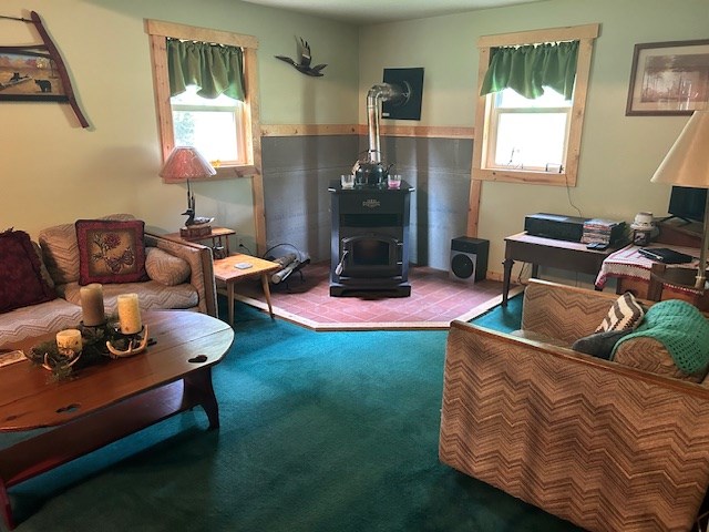 living room featuring a wood stove and carpet floors