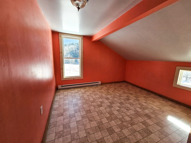 additional living space featuring a wealth of natural light, baseboards, vaulted ceiling with beams, and baseboard heating