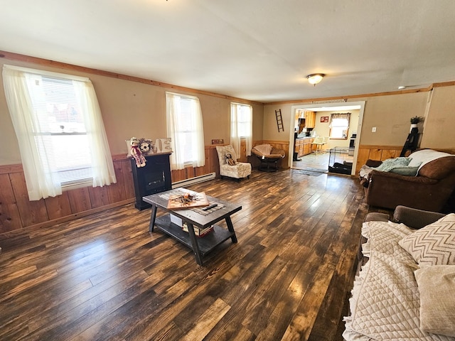 living area featuring crown molding, a baseboard heating unit, dark wood-type flooring, and wainscoting