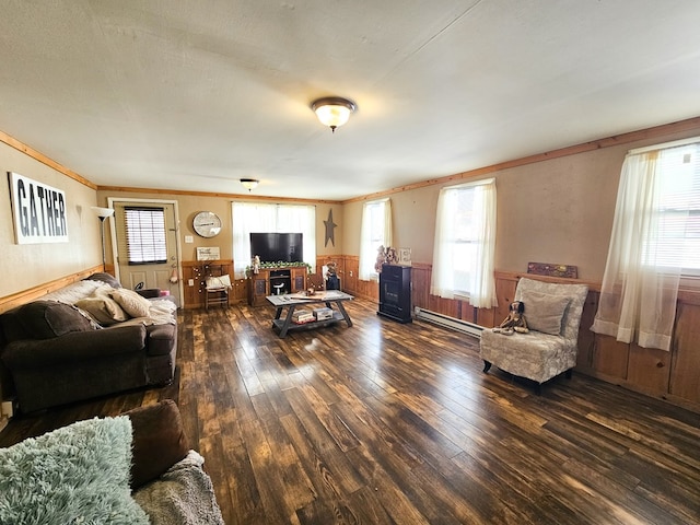 living area with a wealth of natural light, dark wood-style flooring, and wainscoting